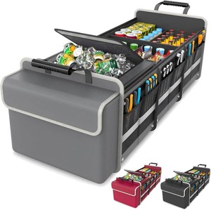 $34 Large Trunk Organizer for SUV with Premium Portable Cooler Bag, Car Organizers and Storage with Foldable Cover, Collapsible Car Trunk Organizer for Truck, Adjustable Securing Straps, 90L20L, Gray-C