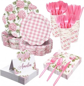 $29 Shellwei 410 Pcs Pink Hydrangea Tea Party Decorations Elegant Floral Paper Plates and Napkins Set Disposable Party Tableware Sets with Cups Knives Forks Spoons Seat Card Favors for 50 Guests