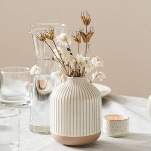 $20 Boho Farmhouse Small Ceramic Vase for Pampas Grass & Flowers - 5.3 Inch Rustic White Vase, Centerpiece for Eucalyptus, Tiny Stems & Bouquets with Embossed Lines
