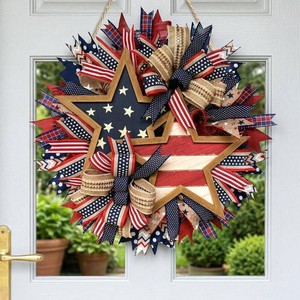 15.7 Inch Patriotic Wreaths for Front Door, 4th of July Outdoor Decorations, Red White and Blue Weather, Handcrafted Memorial Day Wreaths, Festival Celebration USA Flag Printed Wreath
