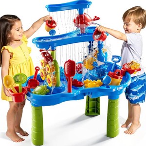 $27 3-Tier Sand and Water Activity Table for Kids 3-8, Sensory Play Table with Waterfall Design & Beach Toy Set, Outdoor Backyard Playset for Toddlers 2-6, Great Birthday Present