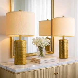 $75 PoKat 20.75 Brass Gold Ceramic Table Lamps Set of 2 for Living Room, Small Retro Bedside Lamps for Bedroom, Nightstand Lamps for Home Decor, Vintage Bronze Decorative Lamp Sideboard Side Table Gifts