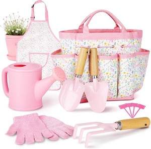 $20 Kids Gardening Set, Gardening Tools Kit for Kids and Toddler, Includes Wooden Rake, Two Shovels, Gloves, Watering Can, Apron, and Tote Bag, Outdoor Toys for Girl Boy, Pink