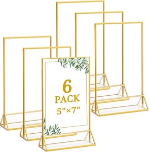 $22 Floroom 6 Pack 5x7 Inch Clear Acrylic Sign Holders, Gold Border Double-Sided Vertical Picture Frames & Display Stands for Table Numbers, Photos, Menus, Flyers, Weddings, Parties & Events