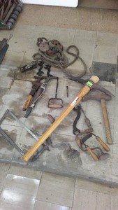 Vintage Pickaxe, Block and Tackle and Hand Tools