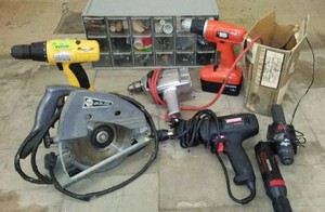 Assorted Power Tools and 18-Drawer Parts Organizer