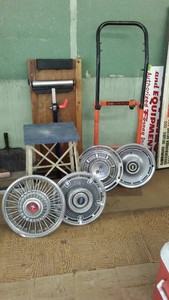 Misc. Hubcaps (4), Moving Cart, Vintage Stool and More.