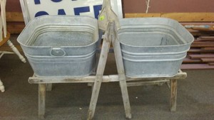 Antique Galvanized Wash Tubs (2) with Original Folding Wash Stand