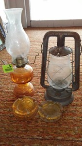 Vintage Oil Lamps (2) and Amber Glass Ashtrays (3)