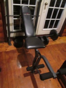 LifeMax weight bench with bar and weights