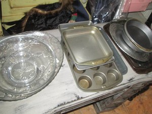 Assorted baking and serving pans and platters
