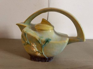 Vintage Art Pottery Teapot Basket Handle Yellow Blue Floral Relief