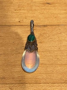 Sterling Silver 925 Opalite Malachite Teardrop Pendant Vintage Style