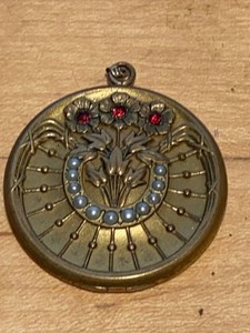 Vintage Brass Tone Floral Horseshoe Photo Locket Pendant Paste Accents
