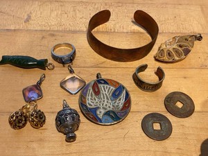Group of Vintage Mixed Jewelry Pendants Cuffs Ring Chinese Coins Sterling