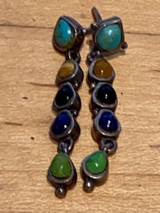 Unmarked Artisan Multi-Stone Dangle Earrings Oxidized Silver Tone