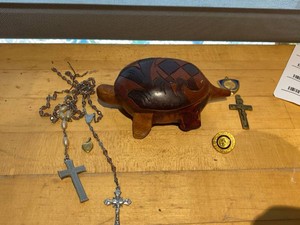 Group Vintage Religious Jewelry & Carved Wood Turtle Trinket Box