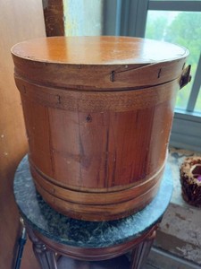 Vintage Firkin Style Wooden Bucket With Lid Swing Handle Folk Decor