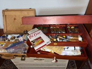 Artist Paint Box Lot Wooden Cases Charvin Oil Paints Brushes Supplies
