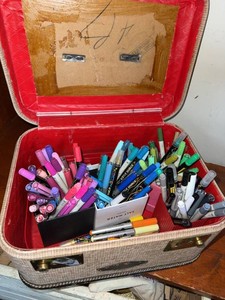 Vintage Train Case with Assorted Paint Markers Pens Craft Storage