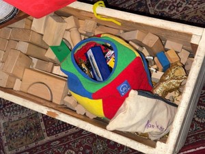 Wooden Building Blocks Toy Crate w Die Cast Cars & Plush Ball