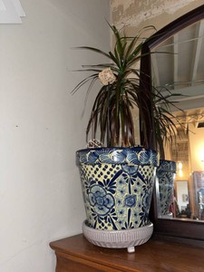 Blue White Talavera Style Ceramic Planter Pot With Footed Saucer