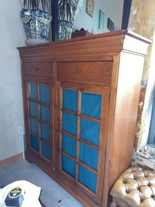 Wood Storage Display Cabinet with Glass Doors & Drawers 57 x 18 x 61.5