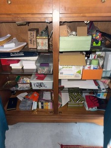 Box Lot of Assorted Art Craft & Office Supplies Storage Tins Paper