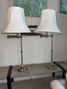 Pair of Brushed Nickel Swing Arm Table Lamps With Fabric Shades