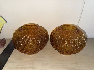 Pair of Vintage Amber Glass Lamp Shades Hobnail Floral Globes