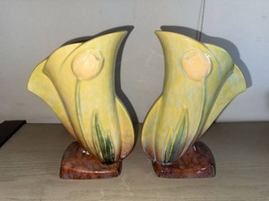 Vintage USA Pottery Calla Lily Cornucopia Vases Pair Yellow Brown