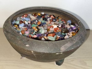 Carved Stone Tripod Bowl with Assorted Tumbled Gemstones Decor Lot