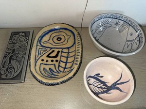 Studio Pottery Bowls Platter & Northwest Coast Metal Art Lot