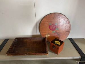 Group Vintage Folk Art Wood Tray Painted Box Round Plaque Decor