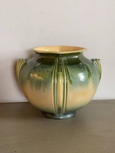 Roseville Style Art Pottery Vase Green Ombre Ribbed Handles Rim Crack