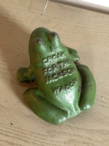 Vintage Cast Iron Frog Paperweight Croak for a Tight Wad Green
