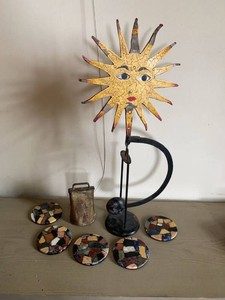 Group Folk Art Sun Sculpture Stone Mosaic Coasters Cowbell Decor