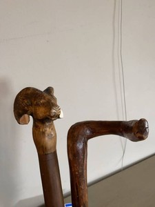 Pair of Vintage Hand Carved Wooden Walking Canes Ram Head Folk Art