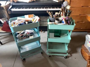 Pair of 3-Tier Rolling Utility Carts with Art Supplies 31in Tall