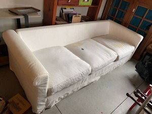 White Slipcovered 3-Cushion Sofa 96in x 36in Deep Stained