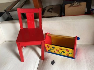 Group Vintage Childs Wood Chair & Alkena Book Rack Painted Decor