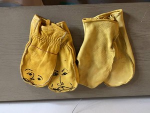 Vintage Yellow Leather Mittens Mixed Pair Lot Hand Drawn Faces