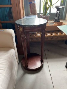 Neoclassical Style Round Accent Table Green Marble Top Wood Pedestal