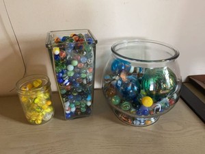 Group Glass Marble Collection in Display Containers Swirls Shooters