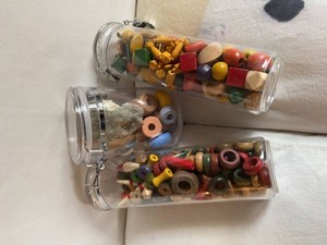 Group of Assorted Wooden Craft Beads in Clear Jars Mixed Shapes Colors
