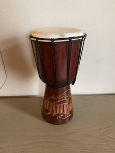 Unmarked Small Djembe Hand Drum Carved Wood Animal Motif Approx 10in