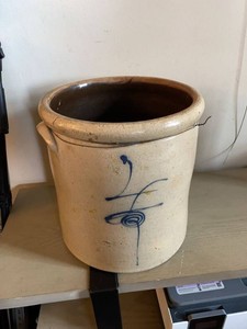 Antique 4 Gallon Stoneware Crock Cobalt Blue Decor Two Handle Cracked