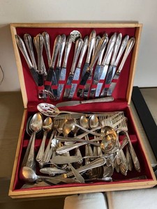 Vintage Silverplate Flatware Set in Wood Chest Mixed Patterns & Servers