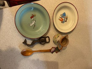 Group Vintage Enamel Child Bowls German Creamer Spoon Opener