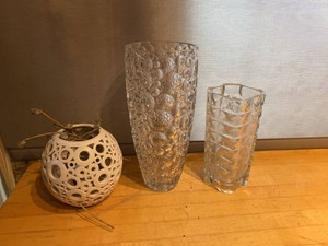 Group of Glass Vases & White Pierced Ceramic Candle Holder Decor